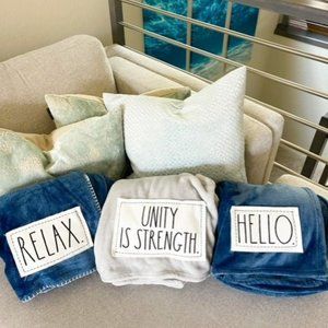 Rae Dunn Plush Blanket With Patch Inspiration NWT Including Hanger